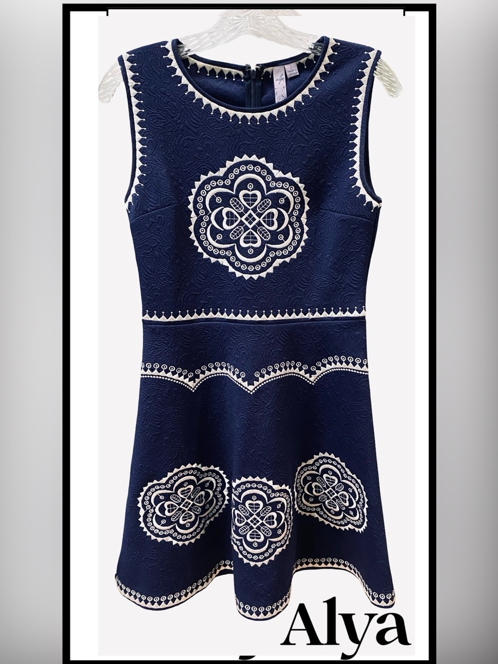 “Alya”  Dark Navy Jacquard  with off-white Embroidery, sleeveless, Dress S